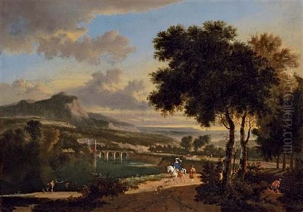 An Extensive Landscape With Travellers, Fishermen And Cattle Drovers On A Path, A Roman Bridge Beyond - view 1