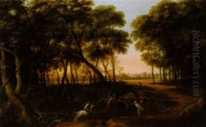 Wildschweinjagd In Einer Bewaldeten Flusslandschaft by Jan Hackaert