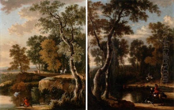 A Wooded Landscape With A Sportsman And His Dog On The Bank Of A River With A Horseman Beyond, A Traveller On A Path In The Distance - view 1