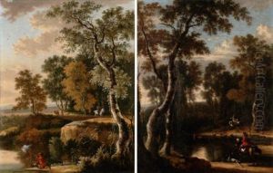 A Wooded Landscape With A Sportsman And His Dog On The Bank Of A River With A Horseman Beyond, A Traveller On A Path In The Distance by Jan Hackaert