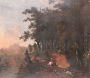 An Italianate Landscape At Evening With A Huntsman And Hounds Entering A Wood In The Foreground Near Travellers On A Track by Jan Hackaert