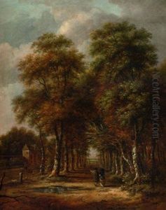 An Elegant Couple Walking In An Avenue Of Trees, A View To An Extensive Landscape Beyond An Elegant Couple Walking In An Avenue Of Trees, A View To An Extensive Landscape Beyond
