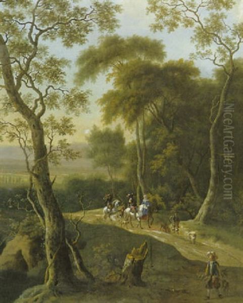 Waldlandschaft Mit Einer Jagdgesellschaft Auf Dem Weg Vorn, Die Zur Falkenjagd Zieht - view 1