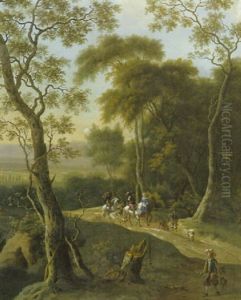Waldlandschaft Mit Einer Jagdgesellschaft Auf Dem Weg Vorn, Die Zur Falkenjagd Zieht by Jan Hackaert