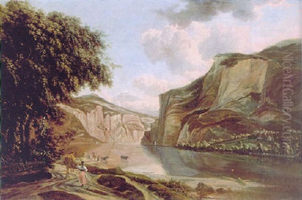 A Wooded Landscape With A Milkmaid And Cowherd Watering Their Cattle, An Extensive River Gorge Beyond - view 1