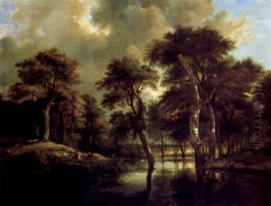 Hirschjagd In Einer Sumpfigem Waldlandschaft