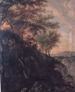 An Evening Italianate Landscape With Figures Resting Beside A Rocky Stream In The Foreground by Jan Hackaert
