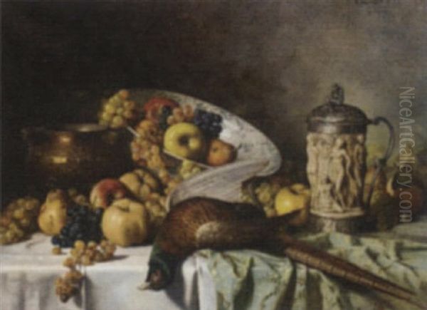 A Dead Pheasant, An Ornamental Tankard, Apples, Pears And Grapes On A Table - view 1