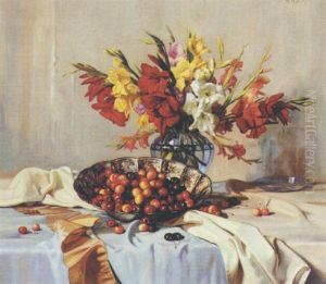 A Vase Of Gladioli And Bowl Of Cherries On Flounced Fabrics by Adolf Hacker