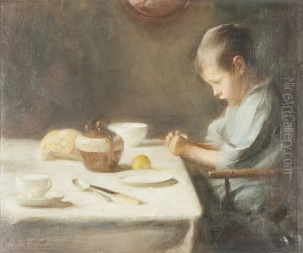 Young Boy Seated At A White Cloth Covered Table Laid For A Humble Repast With A Teapot - view 1