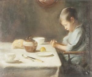 Young Boy Seated At A White Cloth Covered Table Laid For A Humble Repast With A Teapot