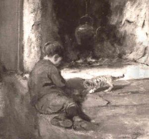 Boy Playing With Kitten by Arthur Hacker