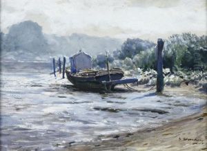 Kahn Bei Ebbe Am Strand Der Elbe Bei Hamburg