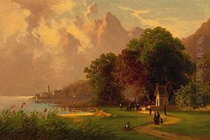 Sommertag An Einem See Mit Kleiner Kapelle, Kirchdorf Am Ufer Und Aufragendem Alpenmassiv by Horst Hacker
