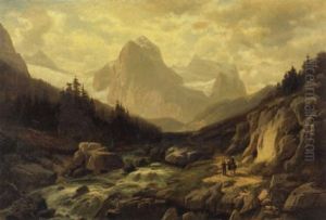 An Extensive Mountainous Landscape With Three Figures On A Path By A Stream by Horst Hacker