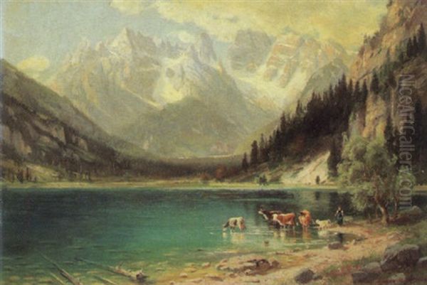Gebirgslandschaft Mit Kuhen Und Hirten Am Seeufer - view 1