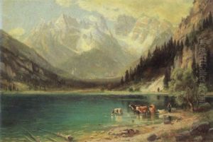 Gebirgslandschaft Mit Kuhen Und Hirten Am Seeufer