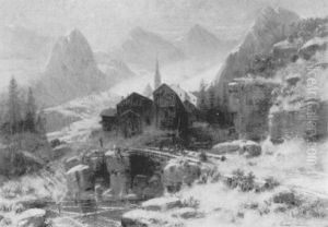 Verschneite Gebirgslandschaft Mit Dorf Und Brucke Verschneite Gebirgslandschaft Mit Dorf Und Brucke