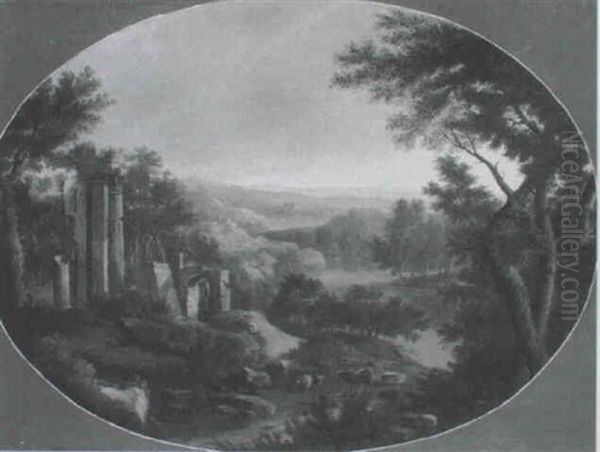 Italienische Landscahft Mit Ruinen, See Und Bergen - view 1