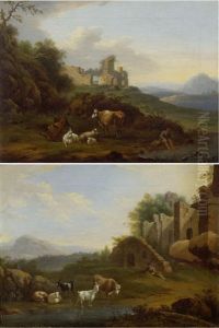 Pair Of Works: Two Mediterranean Landscapes With Herdsmen, Goats, Cows And Ruins by Jacob Philipp Hackert