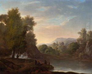 Idyllic Landscape With Waterfall, Ruins And Staffage