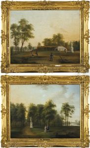 A View Of The Alten Zelte, Tiergarten, Berlin, With Elegantly-dressed Figures By The Tent; A View Of The Alten Zelte, Tiergarten, Berlin, With Elegantly-dressed Figures Promenading, An Avenue Of Trees Beyond by Jacob Philipp Hackert