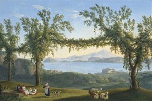 Peasants Resting Beneath Vines In The Hills Above Solfatara, With A View Of Ischia, Procida And The Bay Of Pozzuoli Beyond by Jacob Philipp Hackert