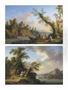 A Wooded River Landscape With Figures Unloading A Rowing Boat, A Castle On The Rocks Beyond; And A Wooded River Landscape With Figures Resting On The Bank, A Fortified Town Beyond (pair) by Jacob Philipp Hackert