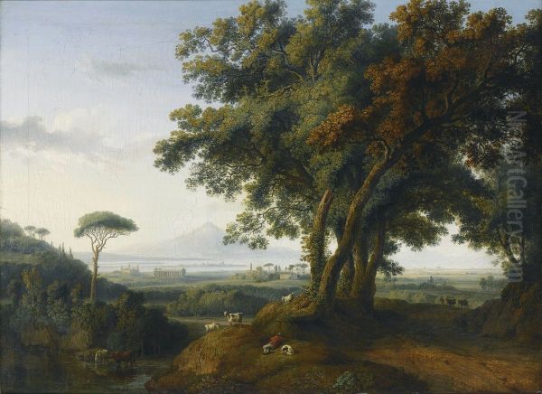 An Italian Capriccio Veduta, With A Greek Temple Near A Shoreline, And A Distant Volcano - view 1