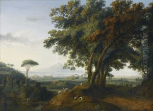 An Italian Capriccio Veduta, With A Greek Temple Near A Shoreline, And A Distant Volcano by Jacob Philipp Hackert