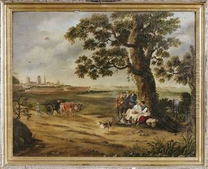Landschaft Mit Kaufleuten, Im Hintergrund Der Hafen Von Livorno