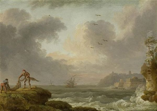 Fischer Auf Einem Fels An Der Kuste Bei Aufgewuhlter See - view 1