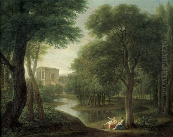 Waldlandschaft Mit See Und Tempietto, Im Vordergrund Drei Rastende Figuren - view 1