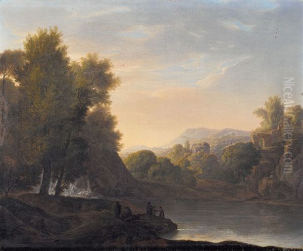 Idyllische Landschaft Mit Wasserfall, Ruinen Und Staffage - view 1