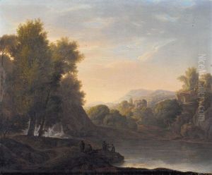 Idyllische Landschaft Mit Wasserfall, Ruinen Und Staffage