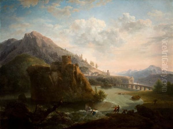 Mountainous Landscape With A Castle And Figures Along A River - view 1