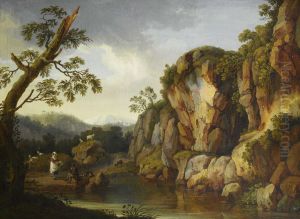 Peasants Grazing Their Cattle Beside A Lake, In A Campagna Landscape Peasants Grazing Their Cattle Beside A Lake, In A Campagna Landscape