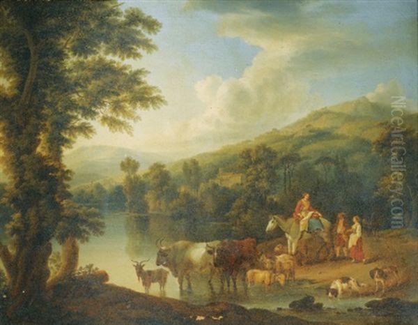A Wooded River Landscape With A Woman On A Gray Horse With Animals Watering (+ A Wooded Riverlandscape With A Shepherd Resting Beneath A Tree By Cows And Goats; Pair) - view 1