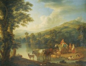 A Wooded River Landscape With A Woman On A Gray Horse With Animals Watering (+ A Wooded Riverlandscape With A Shepherd Resting Beneath A Tree By Cows And Goats; Pair) by Jacob Philipp Hackert