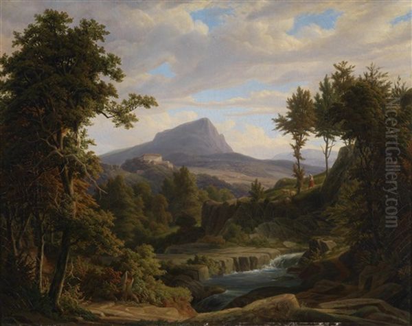 Sudliche Landschaft Mit Wasserfall Und Hochgelegenem Palast - view 1