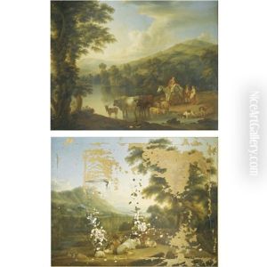 A Wooded River Landscape With A Woman On A Gray Horse With Animals Watering (+ A Wooded River Landscape With A Shepherd Resting Beneath A Tree By Cows And Goats; Pair) by Jacob Philipp Hackert