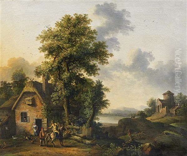 Flusslandschaft Mit Bauernhaus Und Reiter - view 1