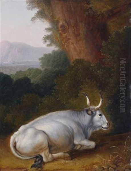 Liegende Weise Kuh Vor Landschaftlichem Hintergrund (+ Stehende Braune Kuh Vor Berggesaumter Ebene, Oil On Metal; Pair) - view 1