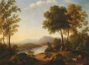 Eine Arkadische Landschaft Mit Einem Fluss Und Aquadukt Im Hintergrund by Jacob Philipp Hackert