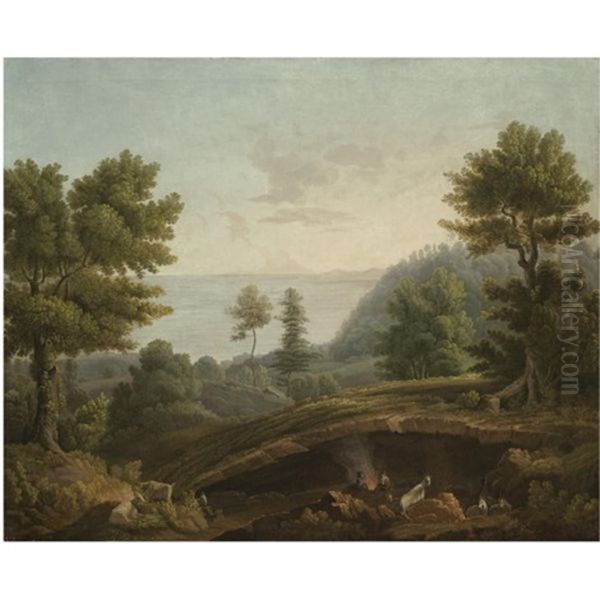 A Coastal Landscape With Herdsmen And Their Goats Around A Fire Near A Grotto (near Neaples?) - view 1