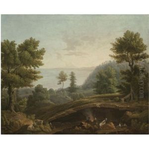 A Coastal Landscape With Herdsmen And Their Goats Around A Fire Near A Grotto (near Neaples?) by Jacob Philipp Hackert