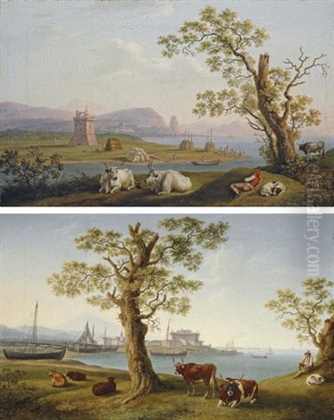 A Coastal Inlet, With Cattle In The Foreground And Fishing Boats And A Town Beyond (+ The Harbour Of Terracina; Pair) - view 1