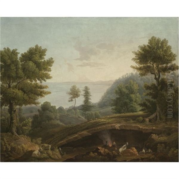 A Coastal Landscape, Probably Near Naples, With Herdsmen And Their Goats Around A Fire Near A Grotto - view 1