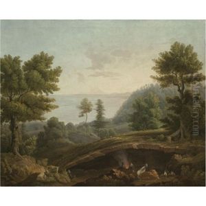 A Coastal Landscape, Probably Near Naples, With Herdsmen And Their Goats Around A Fire Near A Grotto by Jacob Philipp Hackert