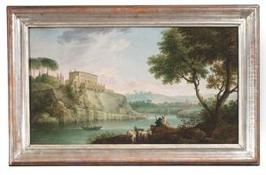 Ziegenhirten An Den Ufer Eines Flustales, Auf Der Anhohe Eine Italienische Villa